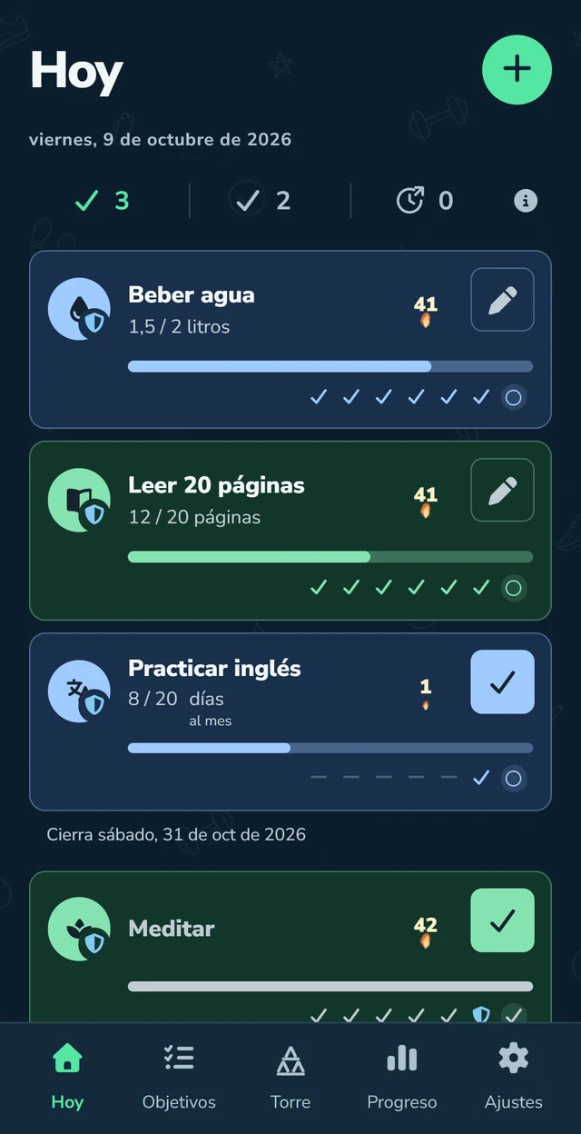 Pantalla de Hoy de Ztreak con varios objetivos personales